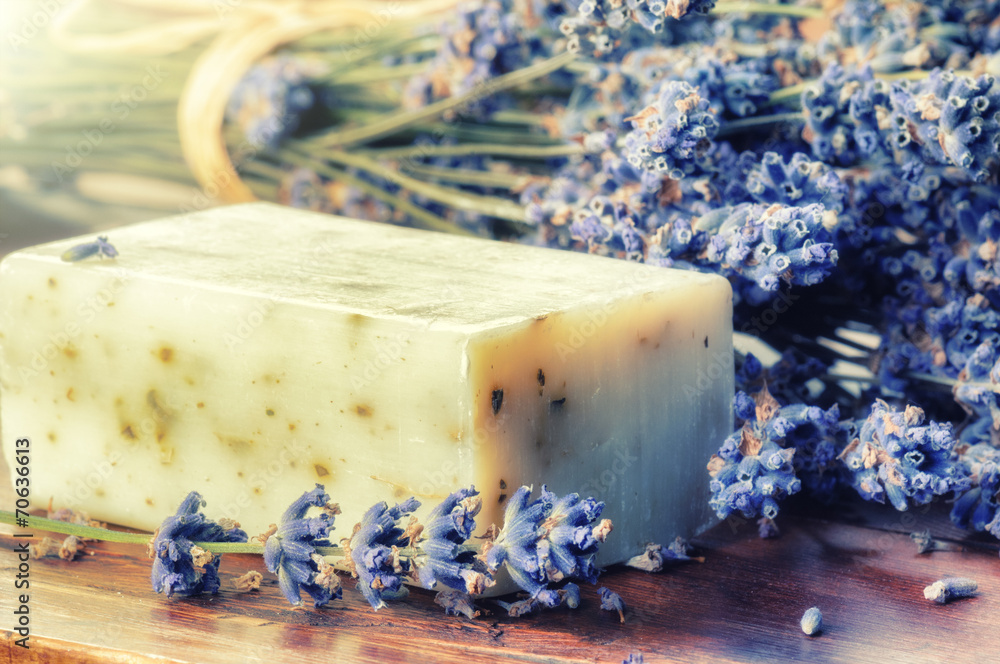 Setting with natural soap and fresh lavender