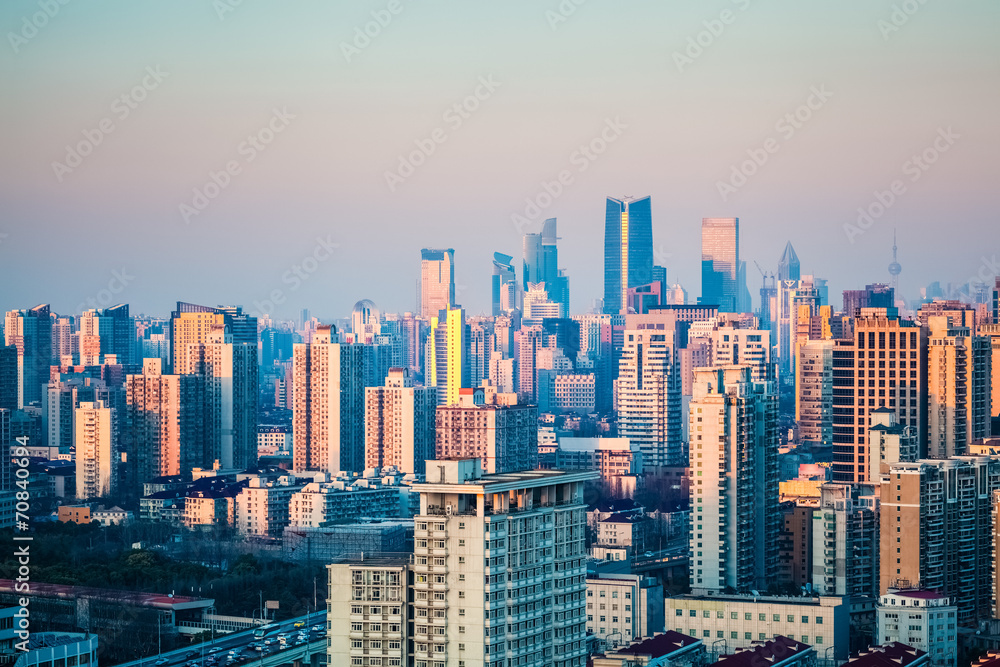 shanghai urban forest buildings at dusk