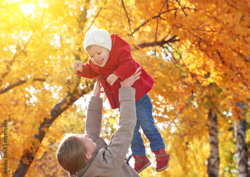 нарру family. Mom and baby daughter for walk in autumn