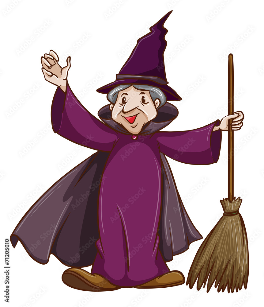 A coloured sketch of a witch with a broom