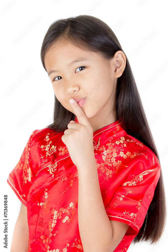 Cute Asian girl wearing red traditional Chinese suit