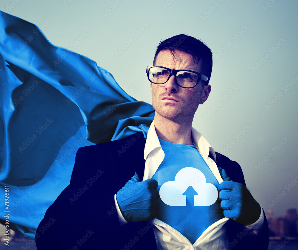 Strong Superhero Businessman Cloud Storage Concepts