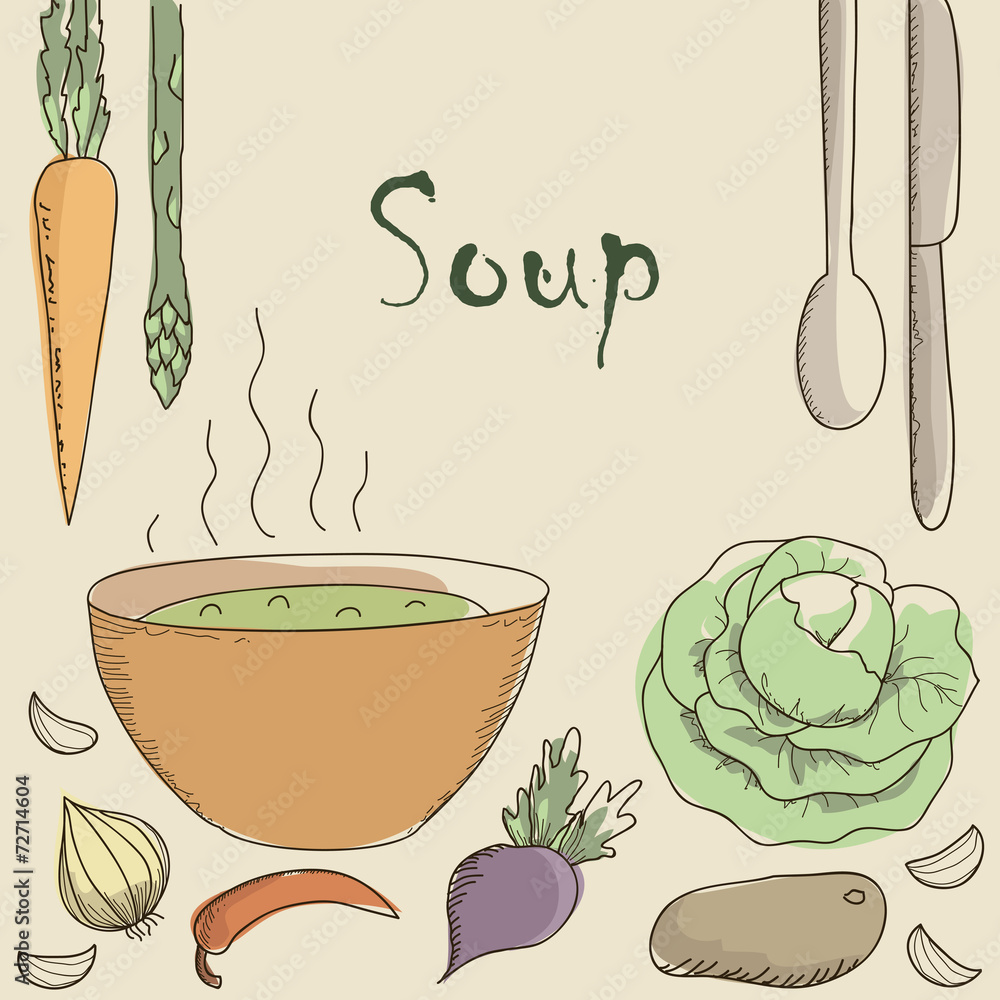 Vegetarian soup and vegetables.