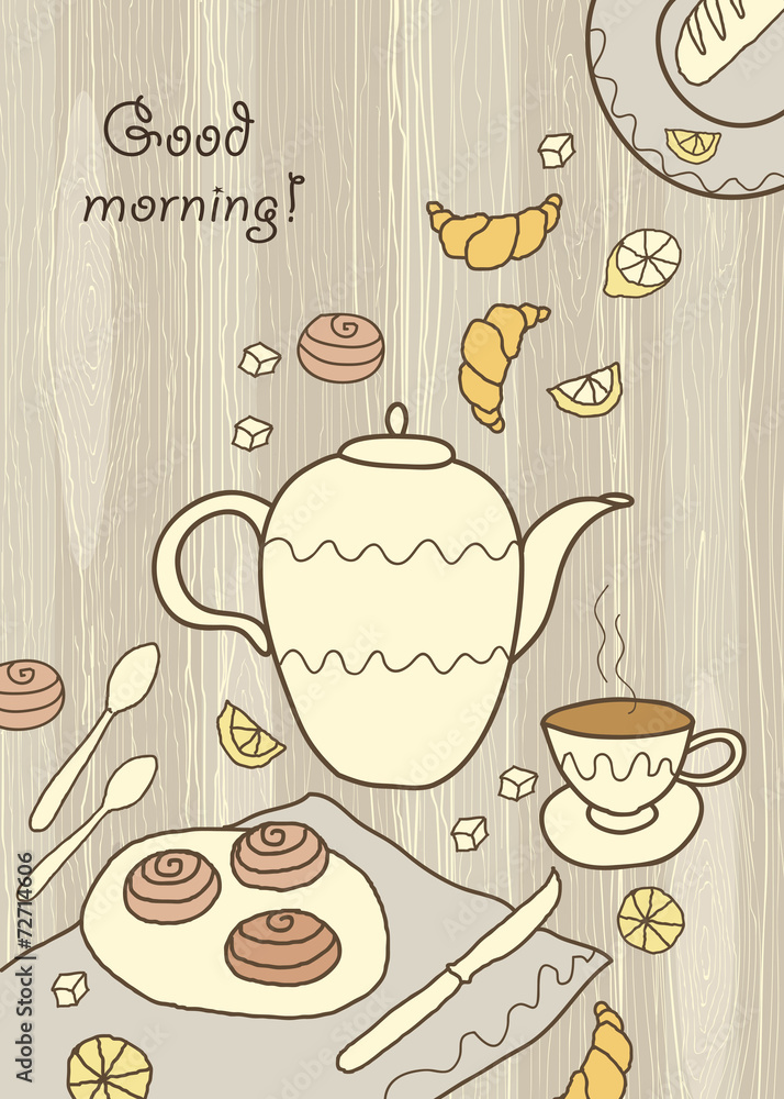 Tea, coffee and sweets on wooden background