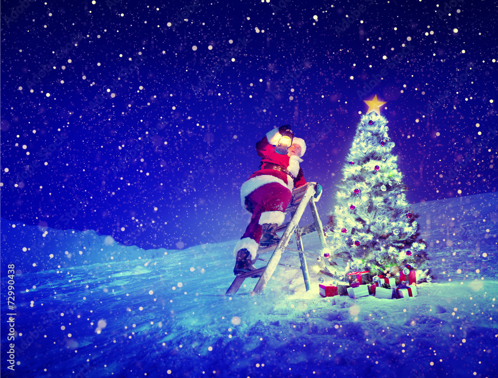 Santa with Lamp on a Step-Ladder by the Christmas Tree