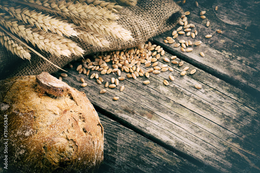 Fresh loaf of bread and wheat