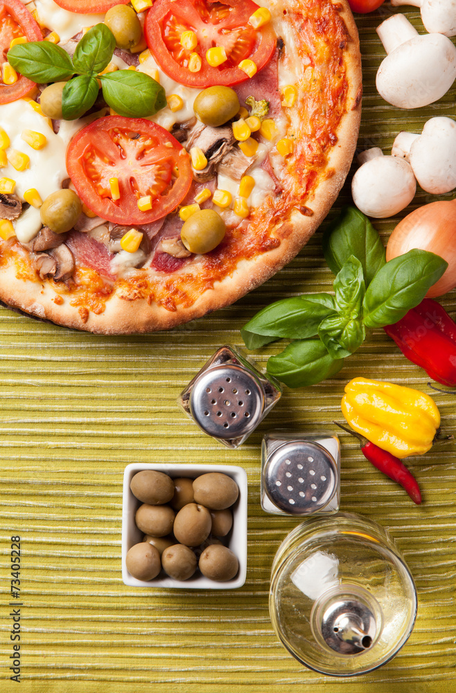 Delicious fresh pizza served on wooden table