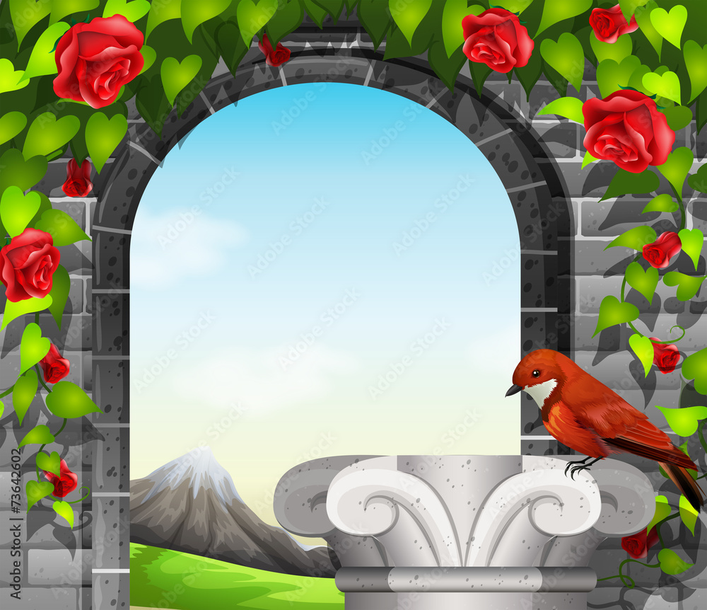 A stonewall with roses and a bird