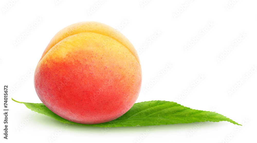 Isolated peach. Single peach with leaf over white background, with clipping path