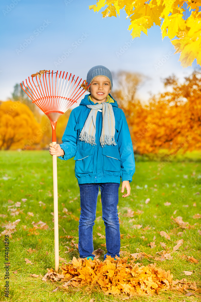 Cute small boy with rake stands to clean grass