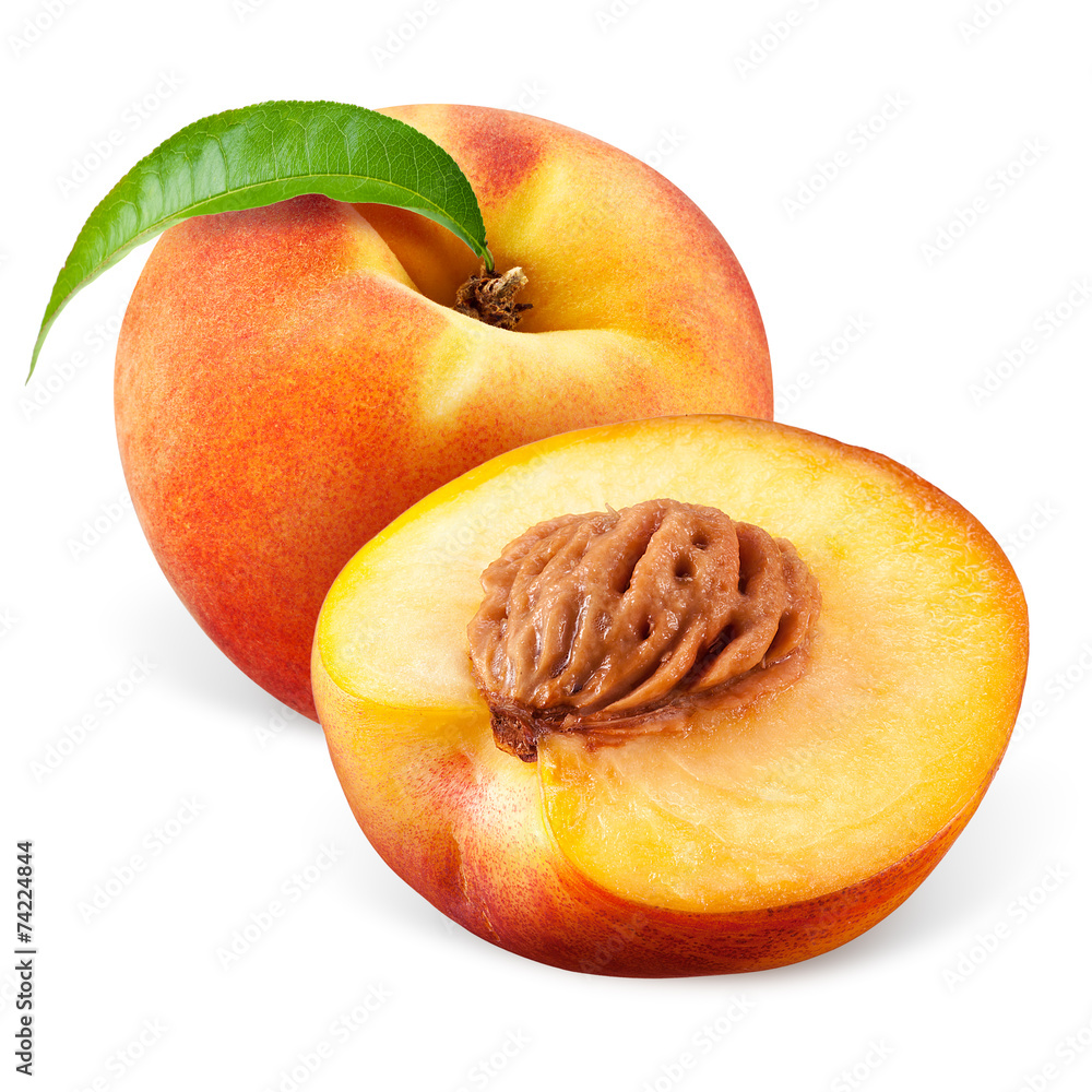 Peach with a half isolated on white background