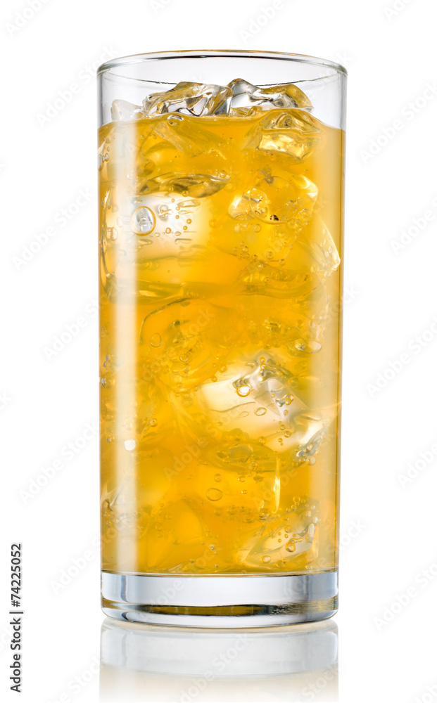 Glass of orange carbonated lemonade on white background. With cl