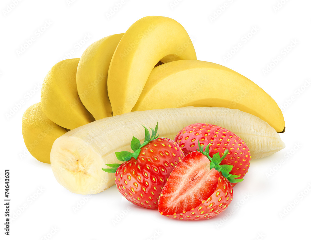 Isolated fruits. Bunch of bananas and several strawberries over white background, with clipping path