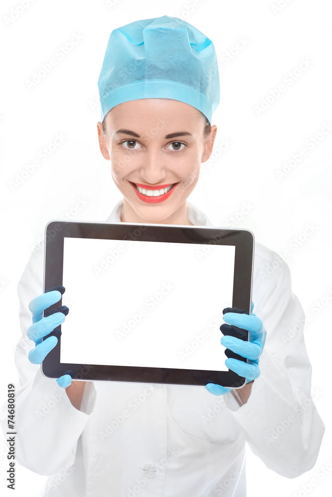 Doctor with tablet on white background