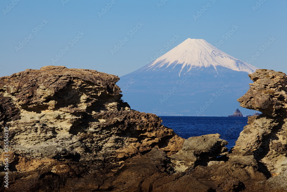 日本静冈县伊豆市的富士山和大海