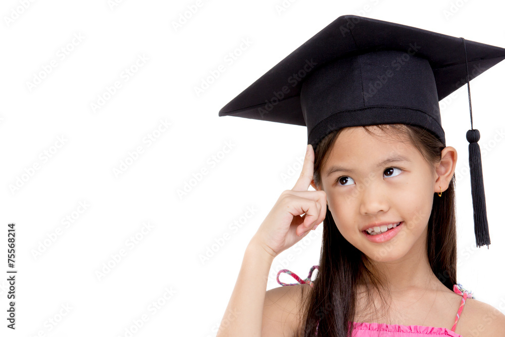 Happy Asian school kid graduate on white background