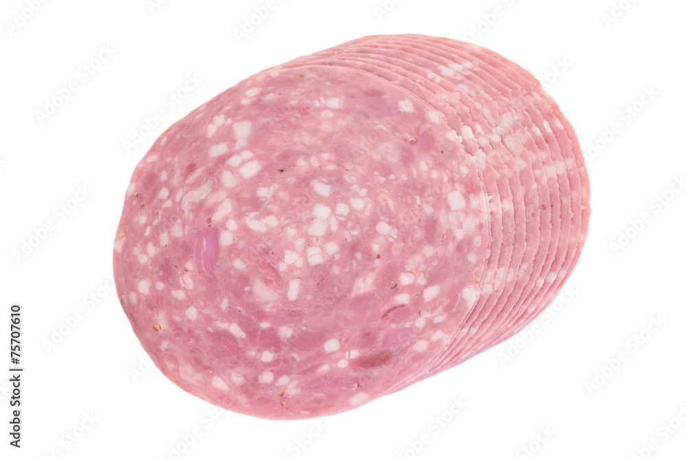 Fresh sliced sausage ham isolated on white background