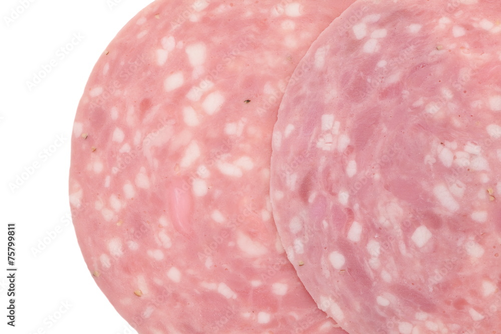 Fresh sliced sausage ham isolated on white background