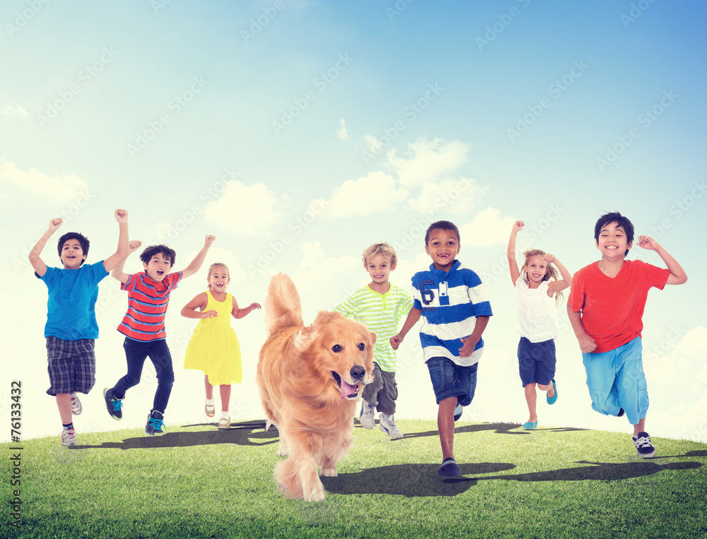 Children Kids Fun Summer Pet Dog Friendship Concept