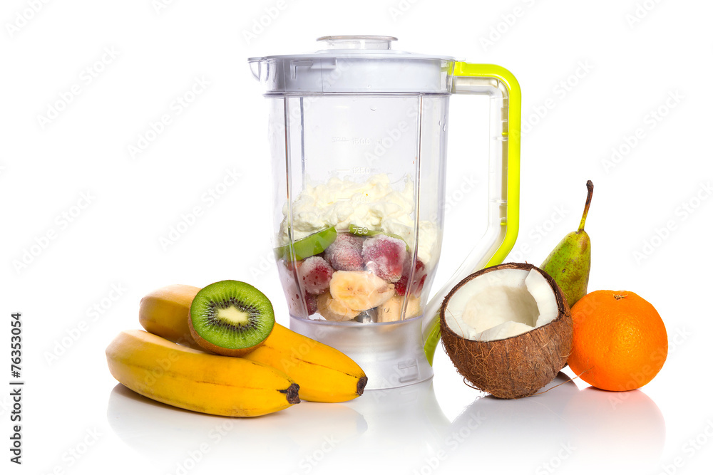 Mixed fruit in blender with fresh yoghurt