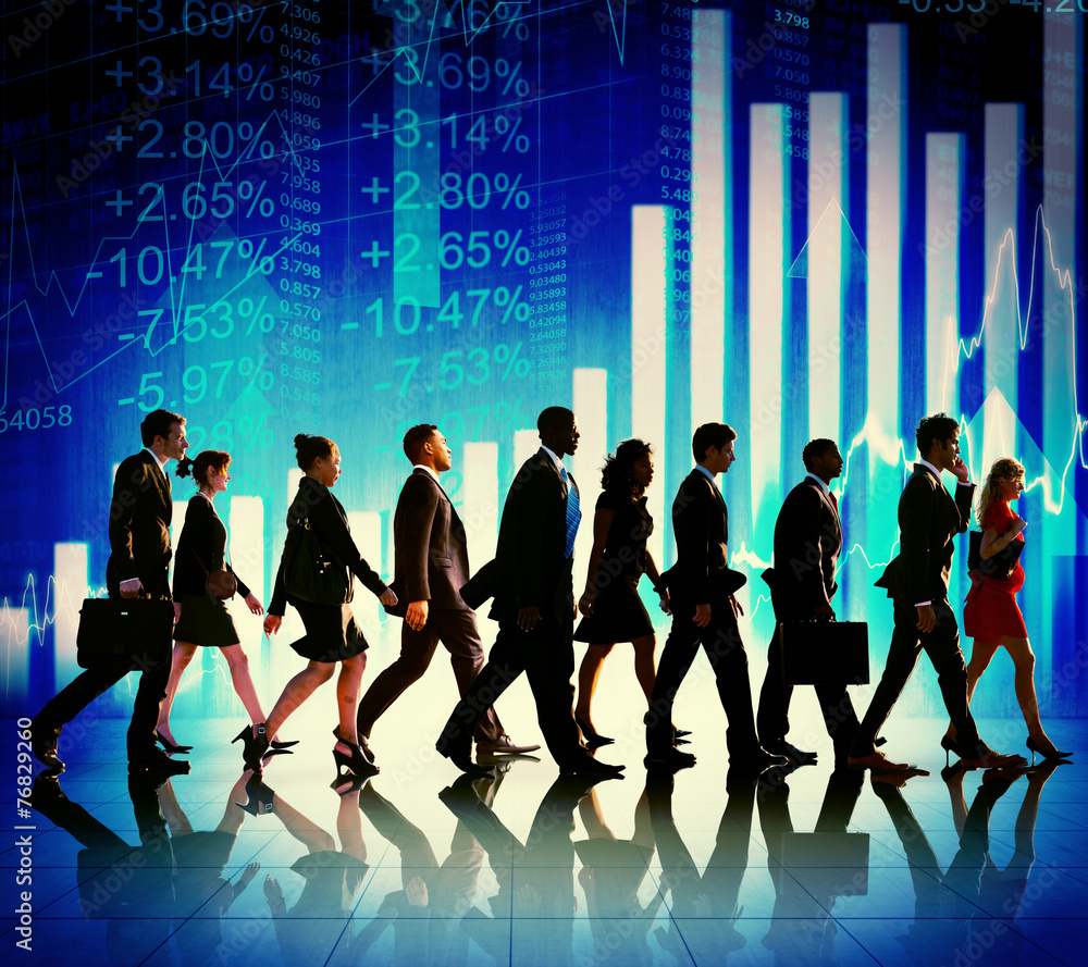 Business People Walking Financial Figures Concept