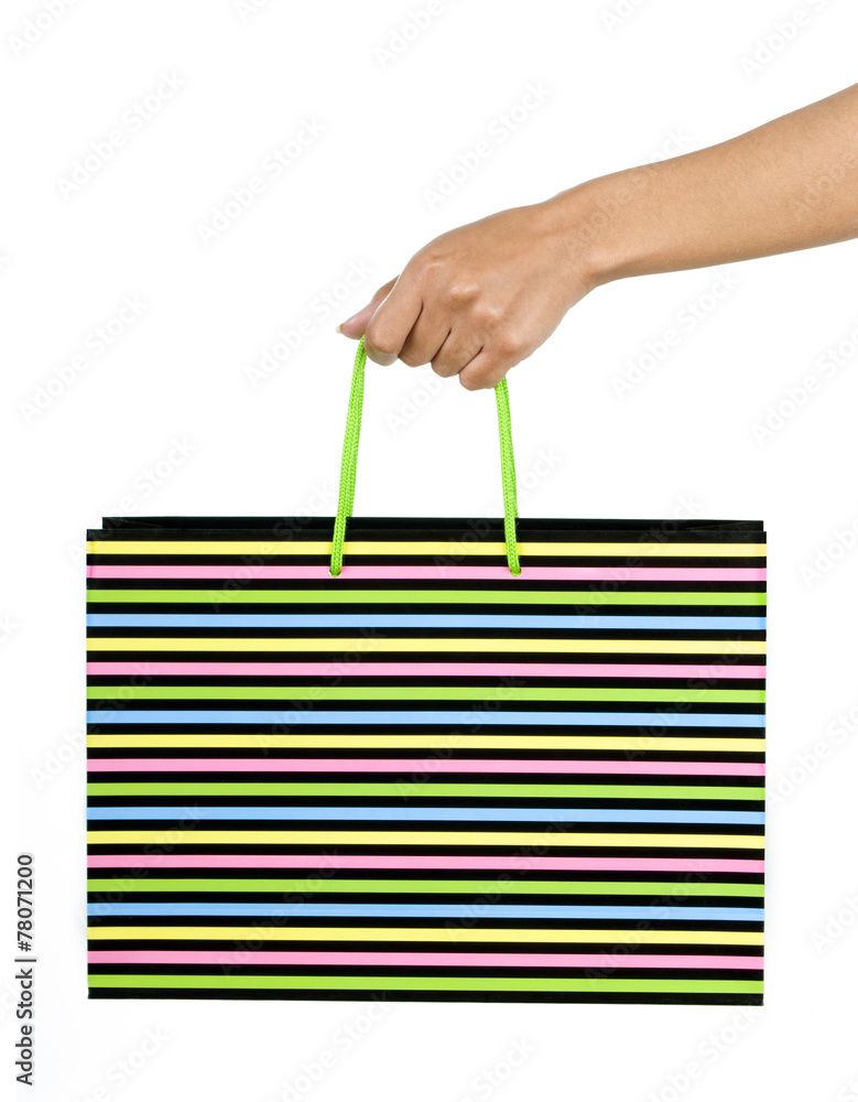 Female hand with bag a over white background