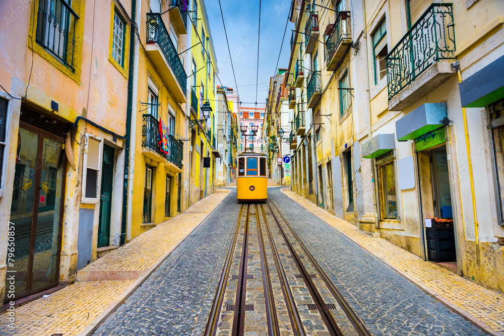 City street with yellow funicular, Lisbon, Portugal 