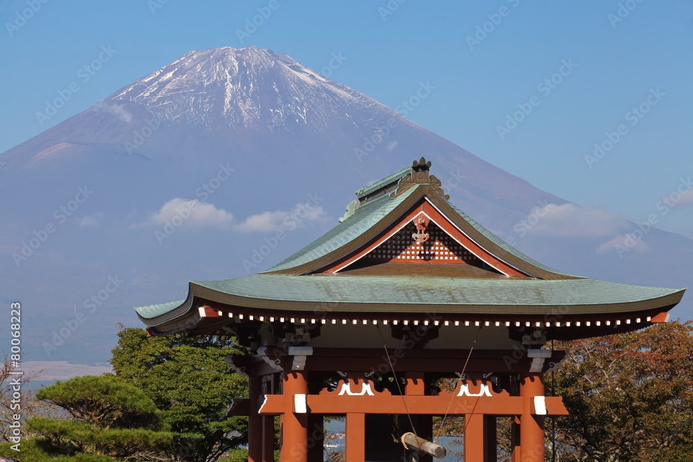 日本寺庙细节和背景中的富士山