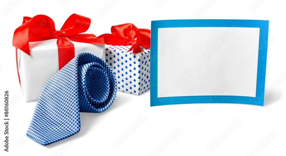 Day. Happy Fathers Day tag with gift boxes, and ties