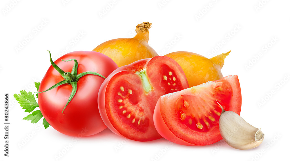 Tomatoes and onions isolated on white