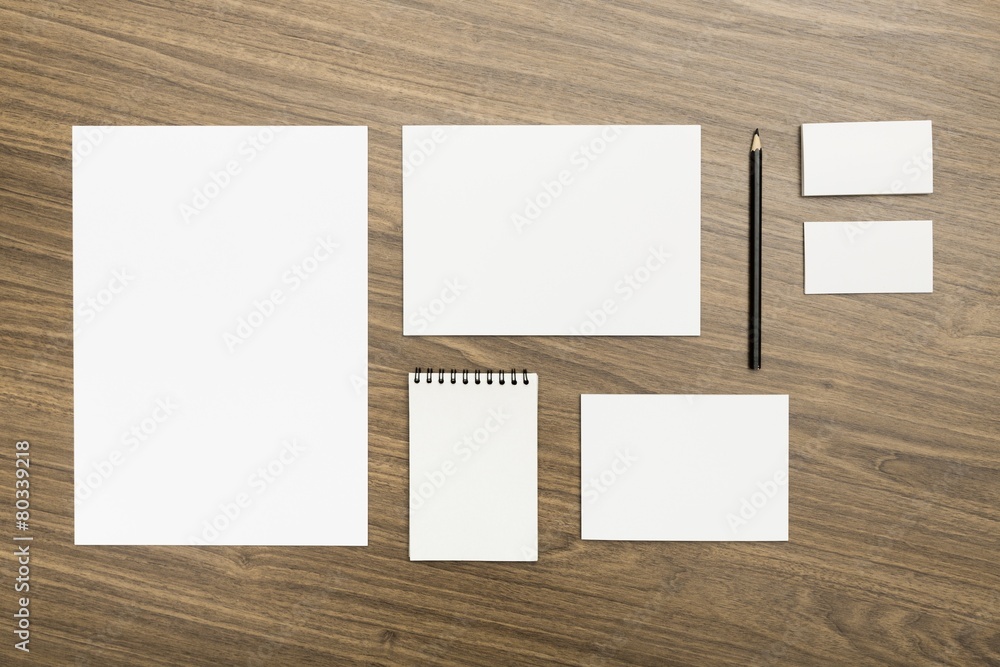 Set. Blank stationery set on wood background / a4 paper