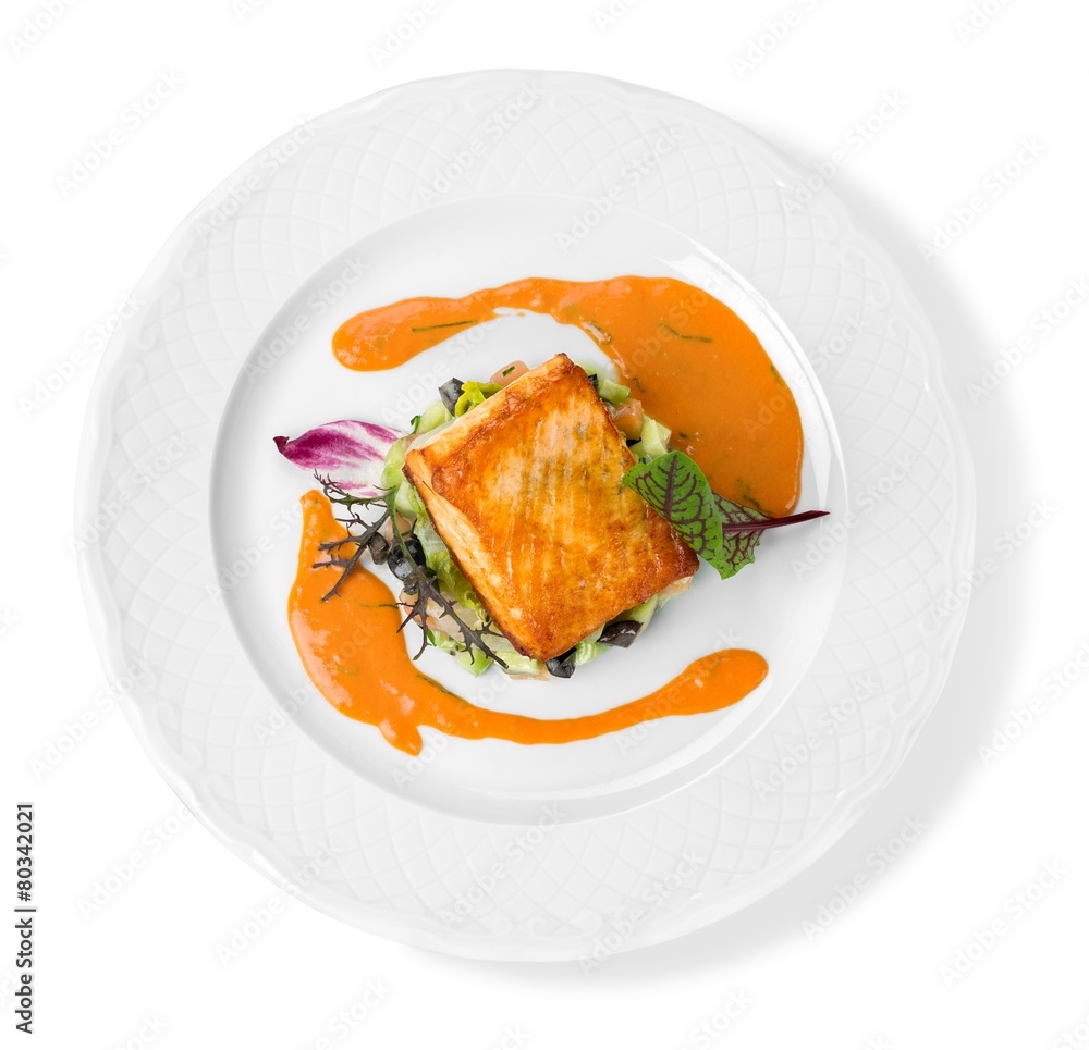 Salmon. Grilled Salmon Steak  with Spinach, Tartare Cream and