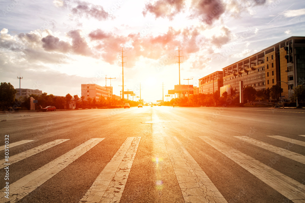 skyline,road and building at sunset.