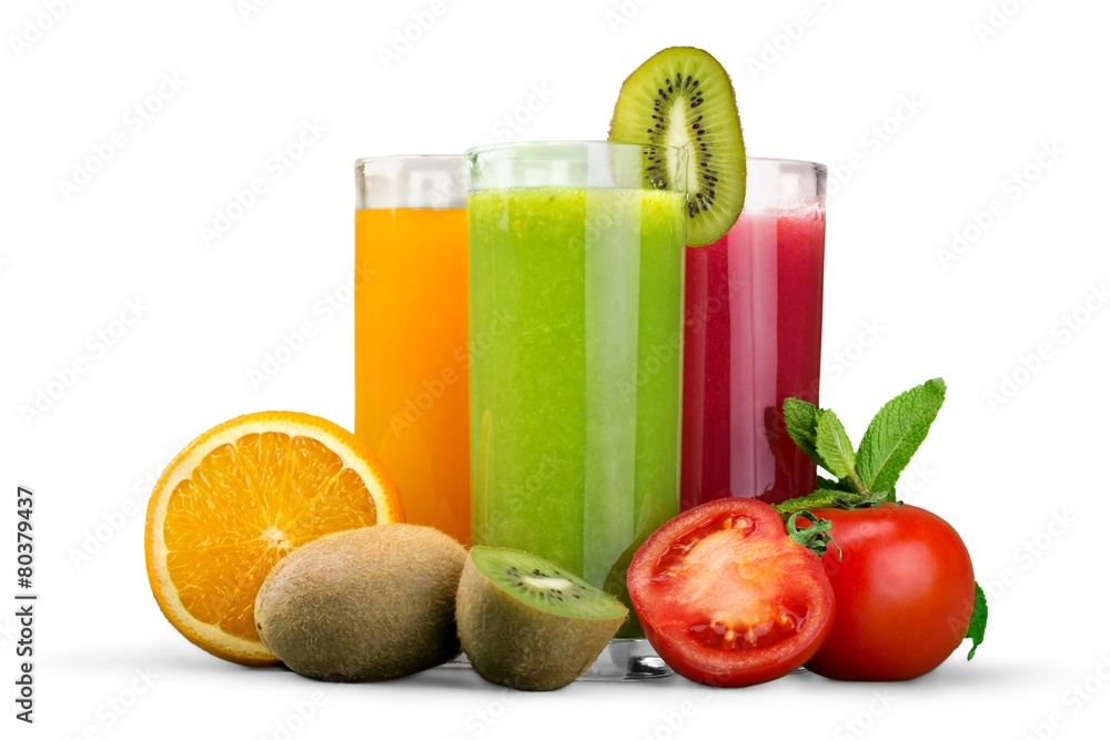 Diet. Fresh vegetable juices isolated on white