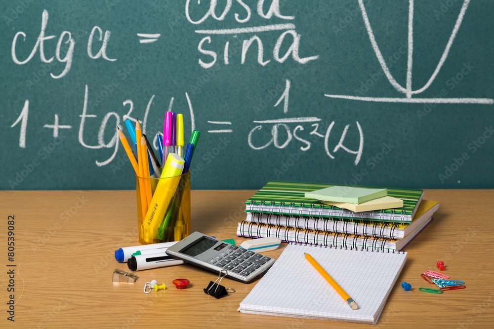 School. Back to school - blackboard with pencil-box and school