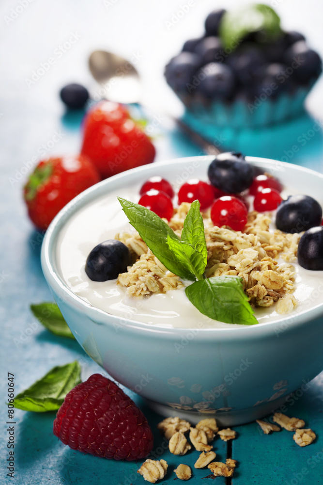 Healthy breakfast - yogurt with muesli and berries