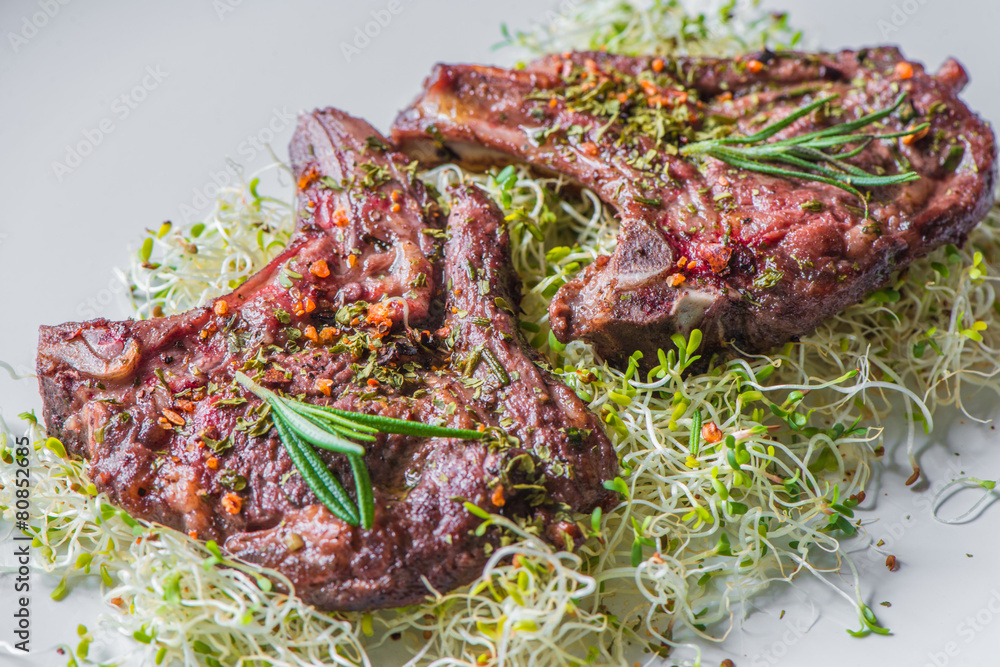 Rack of Lamb with Alfalfa seedlings