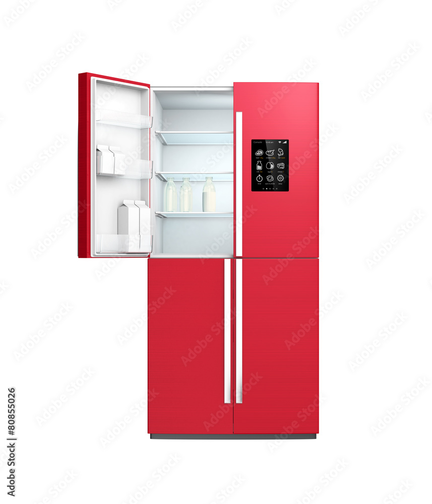 Wine red color smart refrigerator with LCD screen.