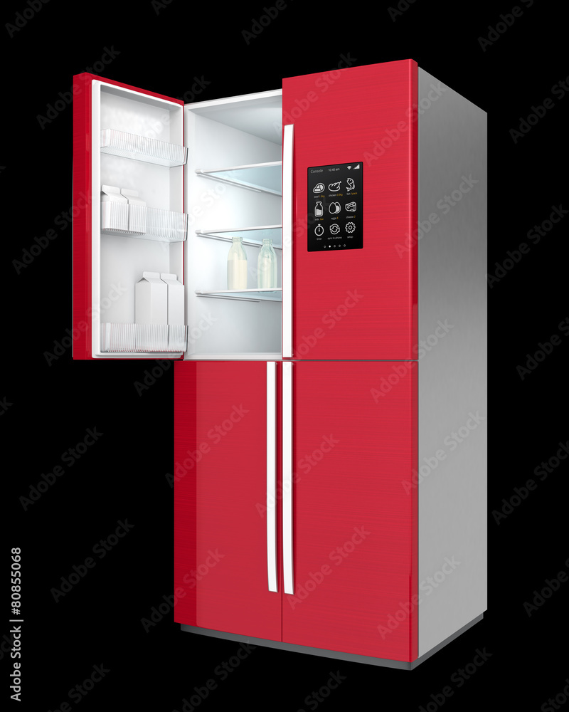 Wine red color smart refrigerator with LCD screen.