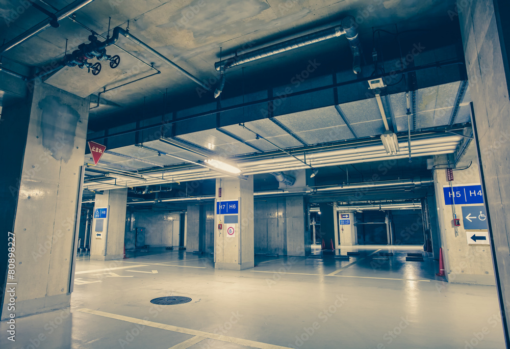 Empty space of underground car parking at night time