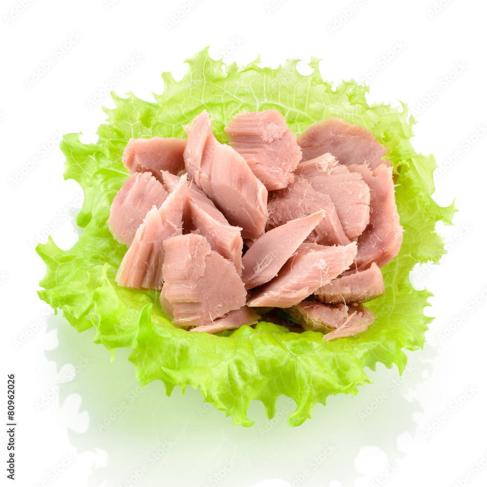 Canned tuna with green salad isolated on white