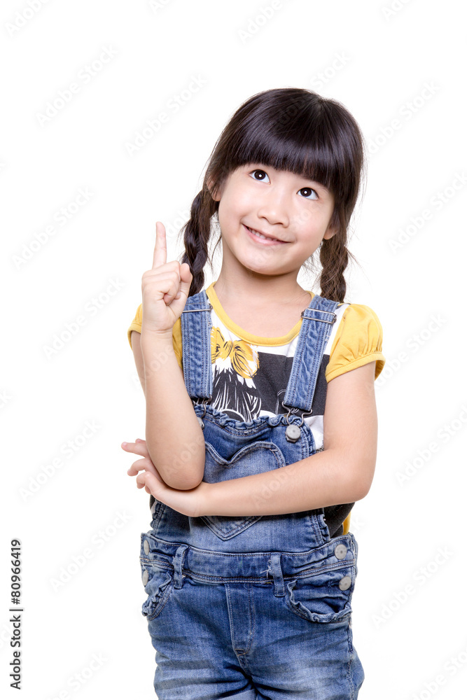 Little Asian child thinking and finger up