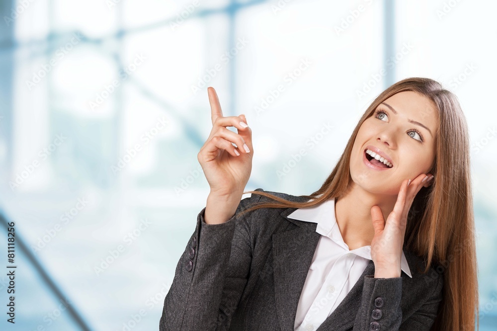 Shopper. Excited woman showing above on sale text in bubble