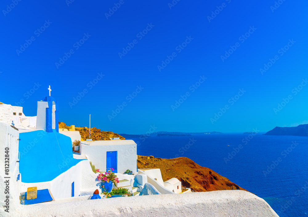 the sea from the terrace in Oia at Santorini island in Greece