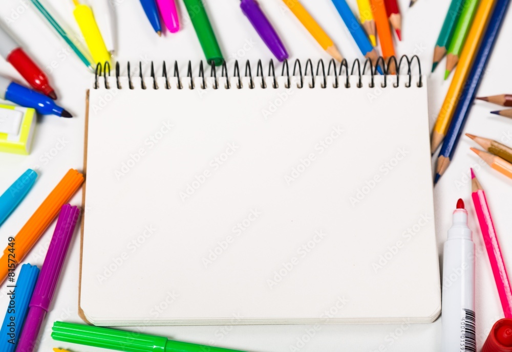 Desk. School stationery isolated over white with copyspace