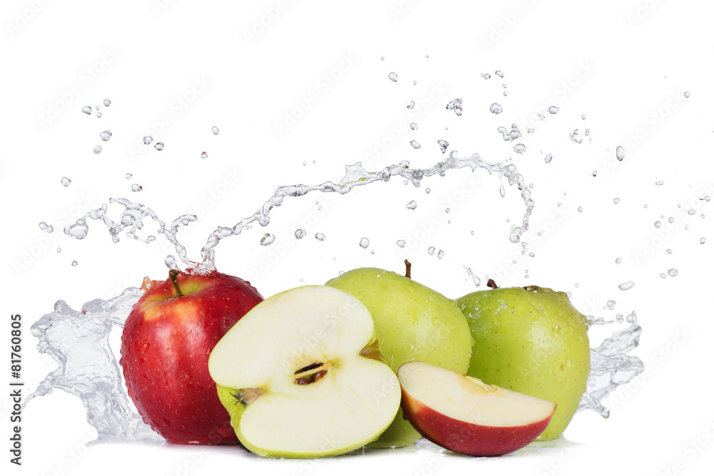 Apples with water splashes on white