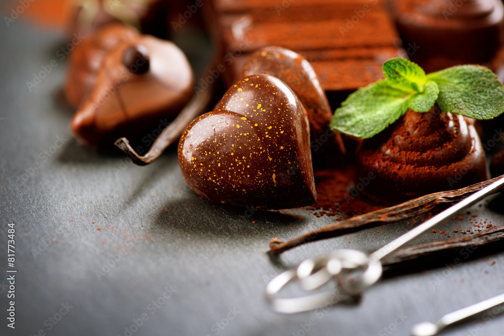 Chocolates assortment. Praline chocolate sweets