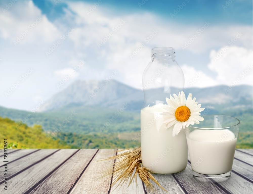 Milk. Milk bottle and glass