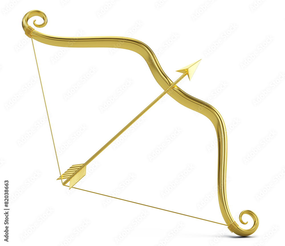 Love concept: Golden Cupids bow and arrow isolated on white