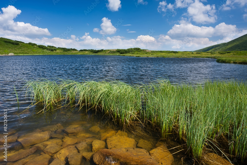 Lake in mountain valley. Beautiful natural landscape